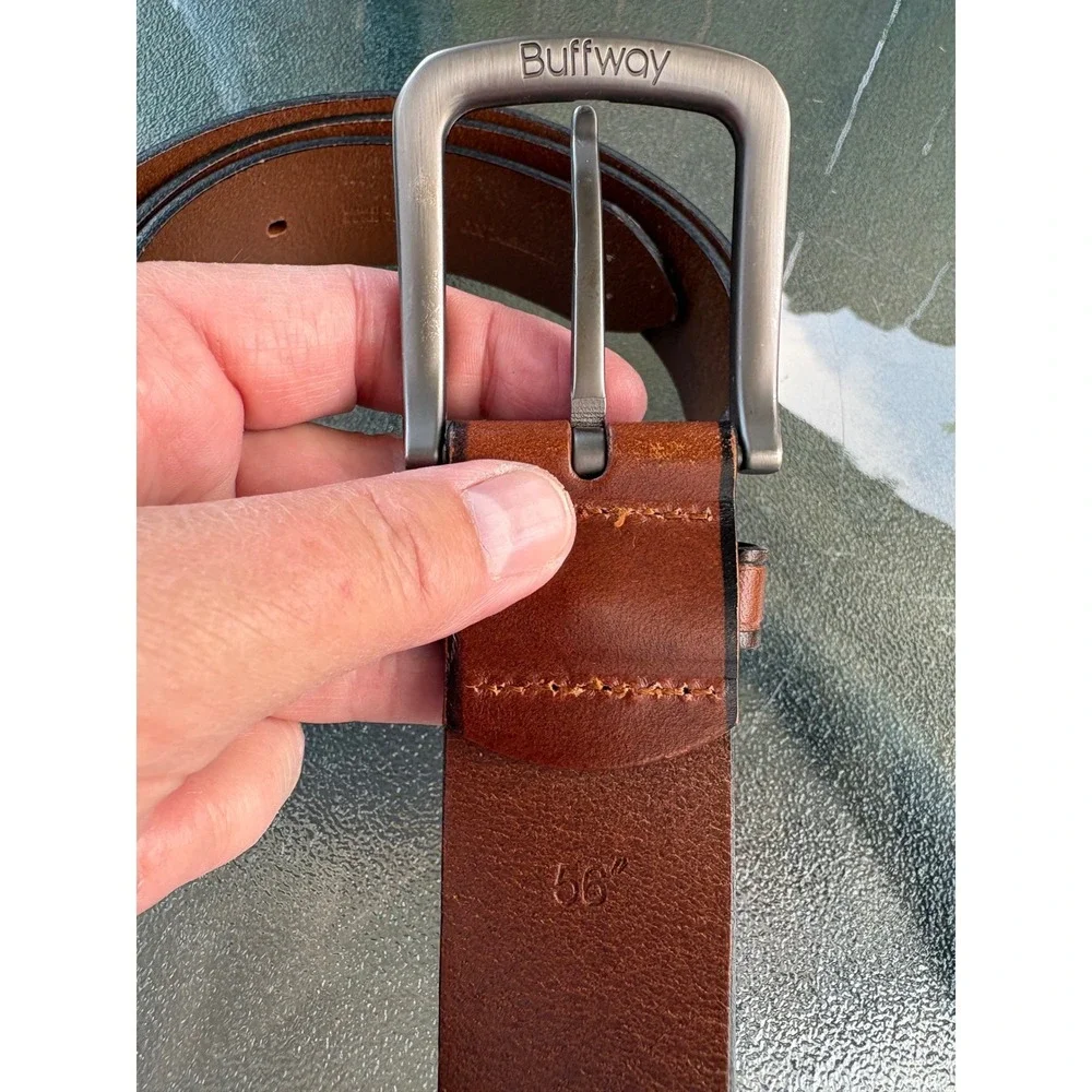 Buffway Mens Brown Genuine Leather Belt Size‎ 36 Brushed Metal Buckle Casual